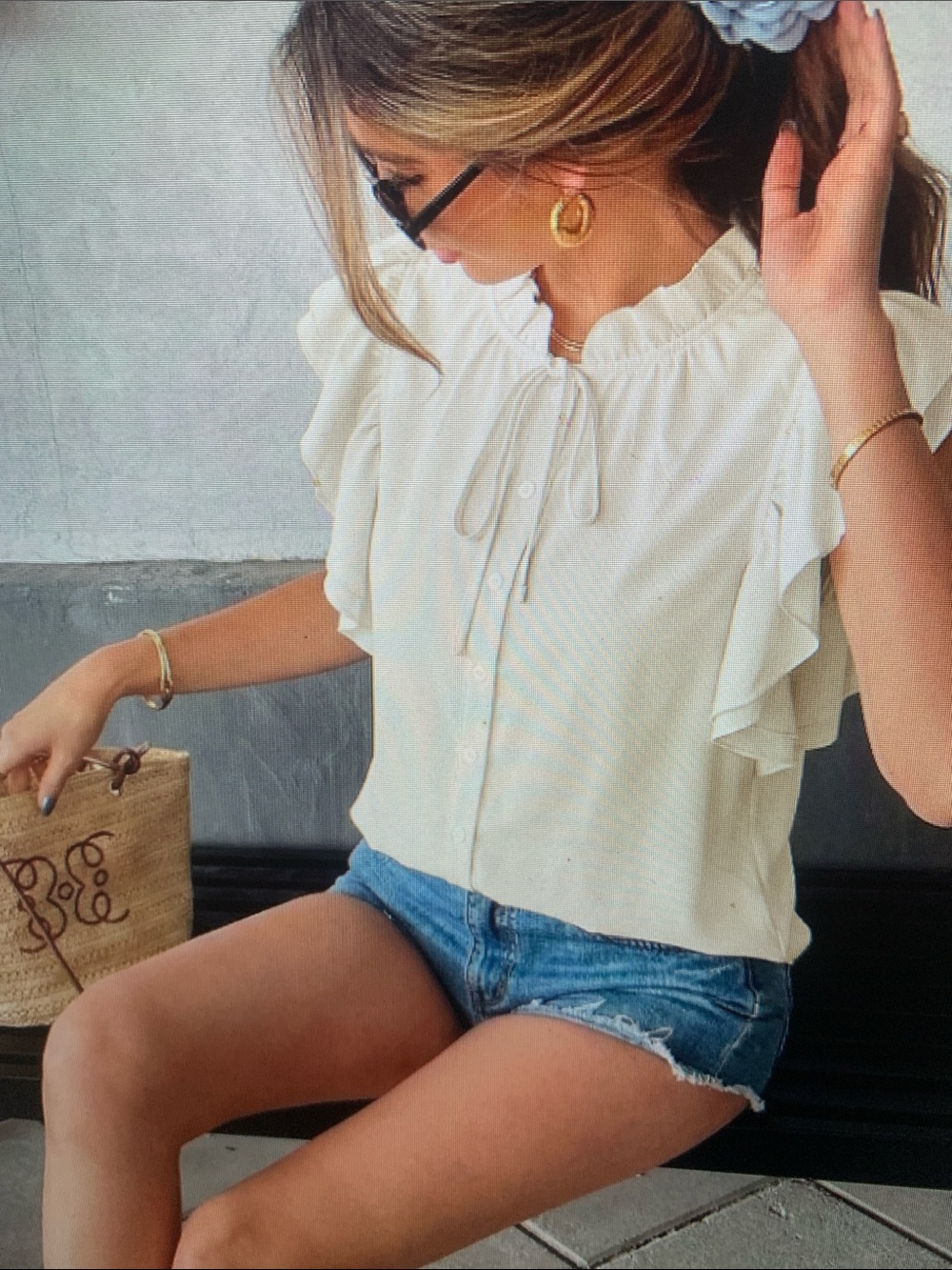 Women’s Cream Ruffle Sleeve Button Front Top